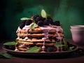 Delicious pancakes cake with fresh blackberries, cream and mint leaf on a nice dusty pink and green color background