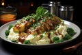 Indulge in delightful plate featuring a hearty portion of mashed potatoes accompanied by succulent chicken and mushrooms