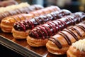 Indulge in the delightful pleasure of a row of donuts perfectly topped with chocolate drizzle, An assortment of luscious eclairs