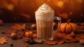 Indulge in a delightful Pumpkin Cream Cold Brew Latte amidst a backdrop of autumn leaves. A seasonal coffee treat, perfect for Royalty Free Stock Photo