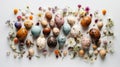 Easter Bliss: A Stunning Overhead View of Quail Eggs and Blossoms on a White Backdrop