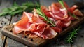 Indulge in the elegance of thinly sliced prosciutto, artfully displayed on a charming wooden board, a gourmet delight, Ai