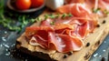 Indulge in the elegance of thinly sliced prosciutto, artfully displayed on a charming wooden board, a gourmet delight, Ai