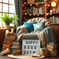 A cozy nook with celebration of happy book day or world book day