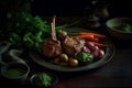 Ai Generative Grilled lamb chops with vegetables and sauce on a dark background