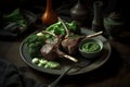 Ai Generative Grilled lamb chops with vegetables and sauce on a dark background