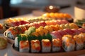 Savor the Flavor: A Stunning Sushi Platter in Low Light Royalty Free Stock Photo
