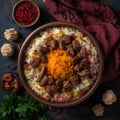 Colorful and fragrant bowl of Tajikistan& x27;s signature rice pilaf, Osh, with tender pieces of lamb or beef