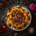 Colorful and fragrant bowl of Tajikistan& x27;s signature rice pilaf, Osh, with tender pieces of lamb or beef