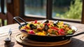 Seafood Paella Delight: A Mouthwatering Mix of Clams, Mussels, Shrimp, and Saffron Rice in a Cast-Iron Skillet