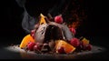 Indulge in a fruity chocolate dessert that packs an explosion of flavor. Captured in a food photography style on a dark backdrop.