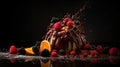 Indulge in a fruity chocolate dessert that packs an explosion of flavor. Captured in a food photography style on a dark backdrop.