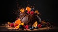 Indulge in a fruity chocolate dessert that packs an explosion of flavor. Captured in a food photography style on a dark backdrop.