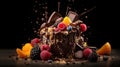 Indulge in a fruity chocolate dessert that packs an explosion of flavor. Captured in a food photography style on a dark backdrop.