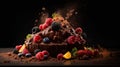 Indulge in a fruity chocolate dessert that packs an explosion of flavor. Captured in a food photography style on a dark backdrop.