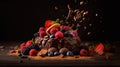 Indulge in a fruity chocolate dessert that packs an explosion of flavor. Captured in a food photography style on a dark backdrop.
