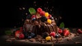 Indulge in a fruity chocolate dessert that packs an explosion of flavor. Captured in a food photography style on a dark backdrop.