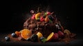 Indulge in a fruity chocolate dessert that packs an explosion of flavor. Captured in a food photography style on a dark backdrop.