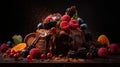 Indulge in a fruity chocolate dessert that packs an explosion of flavor. Captured in a food photography style on a dark backdrop.