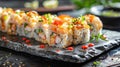 Indulge in a gourmet sushi experience with Volcano rolls, showcasing a spicy scallop mixture layered over California rolls, baked