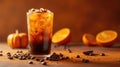 Indulge in iced cold brew coffee with pumpkin spice. Isolated on orange. Ai Generated