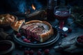 Ai Generative Homemade pie with black currant on a dark background