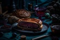 Ai Generative Homemade pie with black currant on a dark background