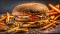 Indulge in this Juicy Classic: Delicious Hamburger and Golden Fries on a Dark Background Perfect for a Gourmet Experience.