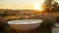 Indulge in a lavenderinfused hot bath surrounded by beautiful countryside views and a warm tranquil atmosphere. 2d flat Royalty Free Stock Photo