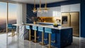 A luxurious white and blue kitchen with gold hardware, Bosch and Samsung stainless steel appliances, and white marbled granite