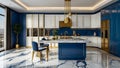 A luxurious white and blue kitchen with gold hardware, Bosch and Samsung stainless steel appliances, and white marbled granite