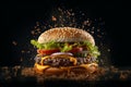 Ai Generative Delicious cheeseburger with flying ingredients on wooden table