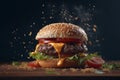 Ai Generative Delicious cheeseburger with flying ingredients on wooden table