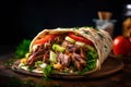 Fresh baked kebab with the vegetables on wooden table in kitchen, Slovakia kitchen, dark background (AI Generated)