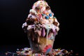 Indulge in a mouthwatering ice cream sundae topped with colorful sprinkles and a variety of delectable toppings, A towering ice