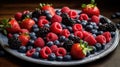 A platter of fresh and juicy strawberries blueberries and raspberries created with Generative AI Royalty Free Stock Photo