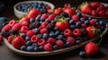 A platter of fresh and juicy strawberries blueberries and raspberries created with Generative AI Royalty Free Stock Photo