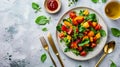 Fettuccine pasta with shrimp, tomatoes and herbs. Top view Royalty Free Stock Photo