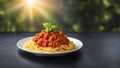 Spaghetti Bolognese Served On A Marble Table, Food Photography