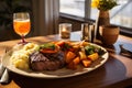 Succulent Feast: Top-Down Image of Medium-Rare Steak with Sides on Rustic Plate