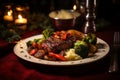 Succulent Feast: Top-Down Image of Medium-Rare Steak with Sides on Rustic Plate