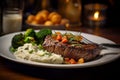 Succulent Feast: Top-Down Image of Medium-Rare Steak with Sides on Rustic Plate