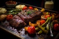 Succulent Feast: Top-Down Image of Medium-Rare Steak with Sides on Rustic Plate