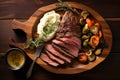 Succulent Feast: Top-Down Image of Medium-Rare Steak with Sides on Rustic Plate