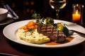 Succulent Feast: Top-Down Image of Medium-Rare Steak with Sides on Rustic Plate