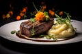 Succulent Feast: Top-Down Image of Medium-Rare Steak with Sides on Rustic Plate