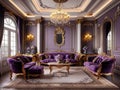 Luxurious purple living room with golden accents and crystal chandelier Royalty Free Stock Photo