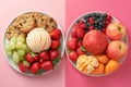 Delicious treats - cookies, ice cream, and fresh fruits on pink background Royalty Free Stock Photo