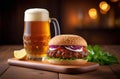 Indulge in the perfect pair, a frothy cold beer alongside a juicy gourmet burger on a wooden tray