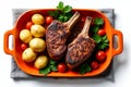 Indulge in a Perfectly Roasted Rack of Lamb with Crispy Potatoes and Sweet Cherry Tomatoes A Rectangular Dish Royalty Free Stock Photo